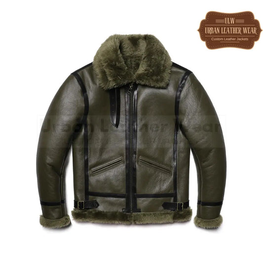 Olive Green Thick B3 RAF Bomber  Shearling Wool Leather Jacket