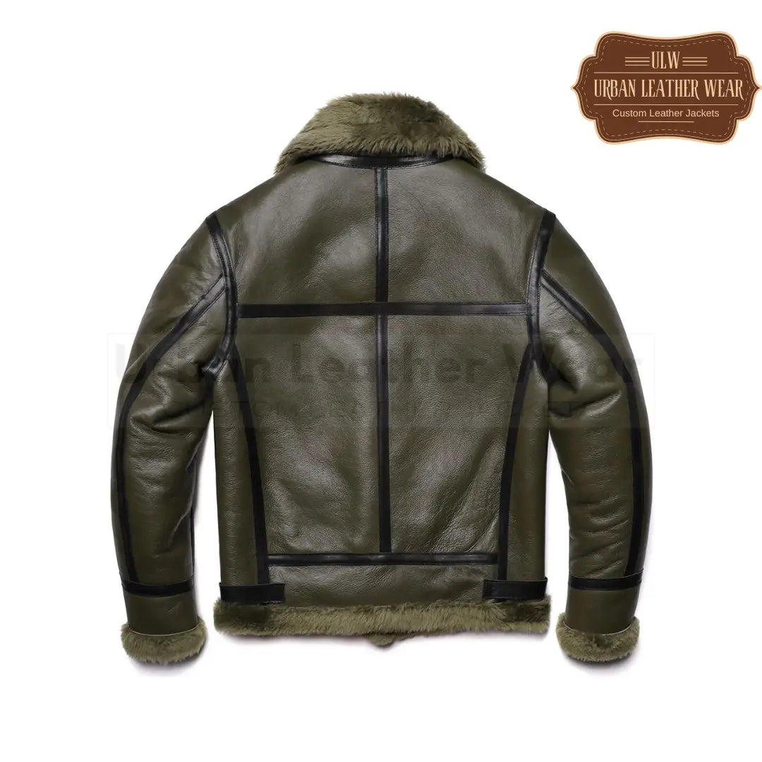 Olive Green Thick B3 RAF Bomber  Shearling Wool Leather Jacket