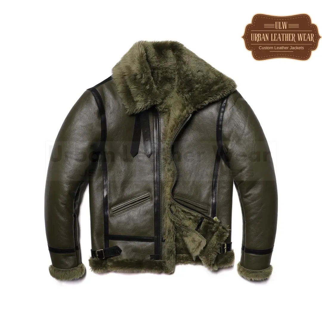 Olive Green Thick B3 RAF Bomber  Shearling Wool Leather Jacket