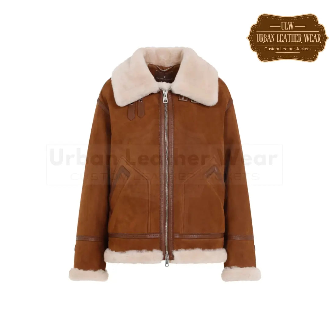 Shop our stylish brown leather shearling jacket is perfect for women who want to stay warm and fashionable.