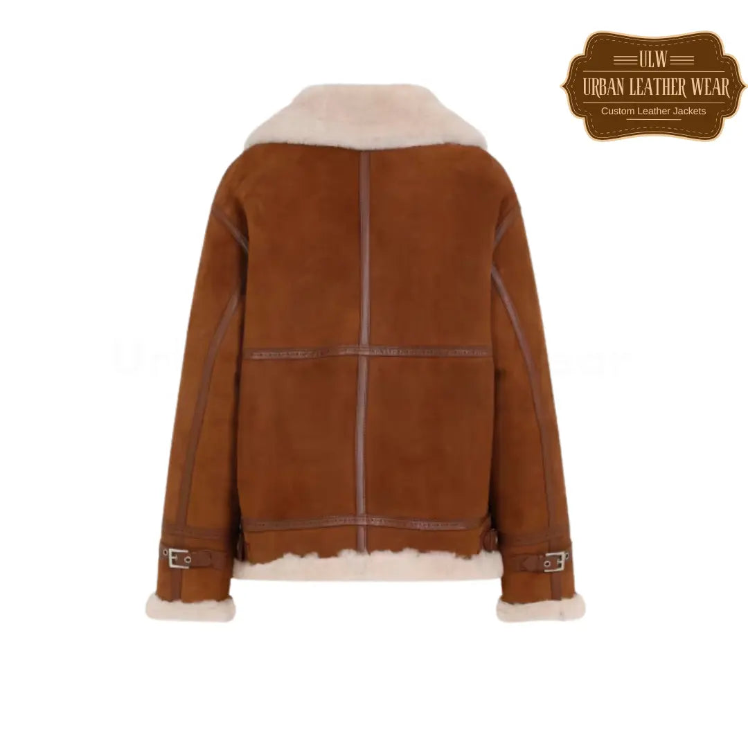 Shop our stylish brown leather shearling jacket is perfect for women who want to stay warm and fashionable.