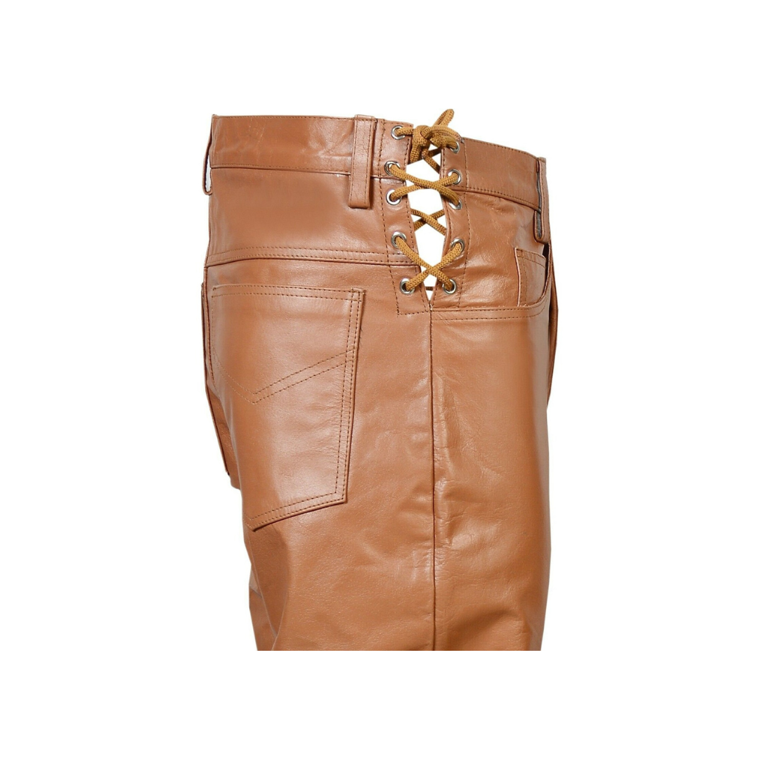 Brown Leather Biker Pant - Side Laces URBAN LEATHER WEAR LTD