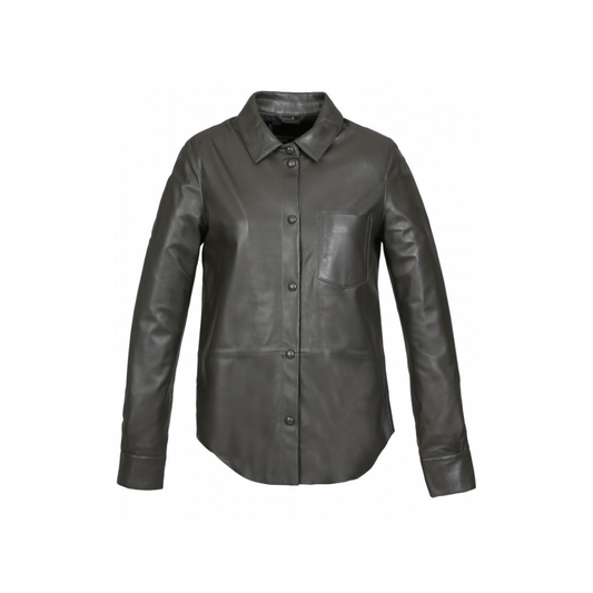 Dark Khaki Leather Shirt With Pockets For Fall URBAN LEATHER WEAR LTD