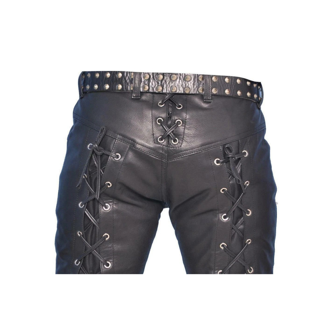 Front Back Laces Up Men Leather Pants URBAN LEATHER WEAR LTD
