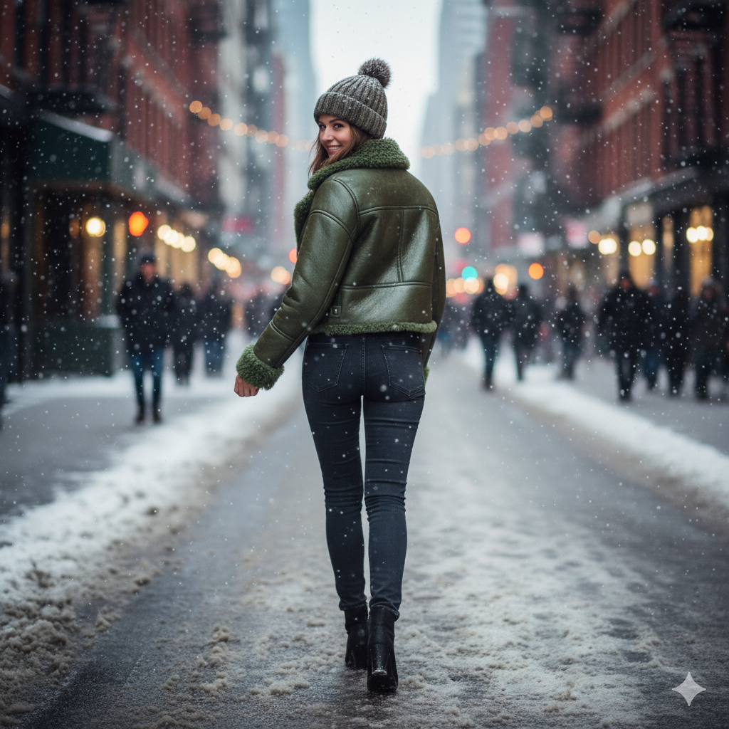 Backview of Woman walking on a snowy city street wearing a Olive Green Shearling Cropped Bomber Jacket and black pants.