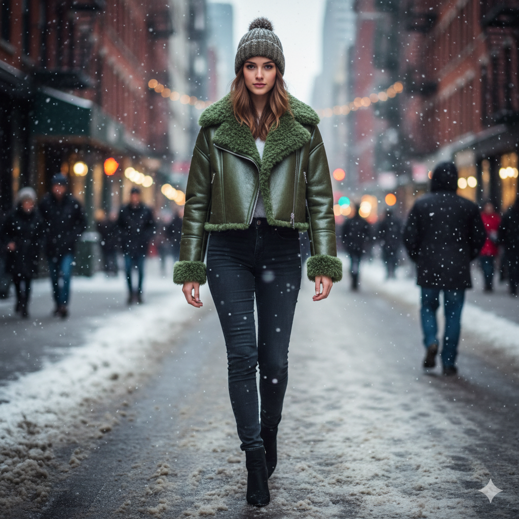 Frontview of Woman in a Olive Green Shearling Cropped Bomber Jacket Women walking on a snowy city street.