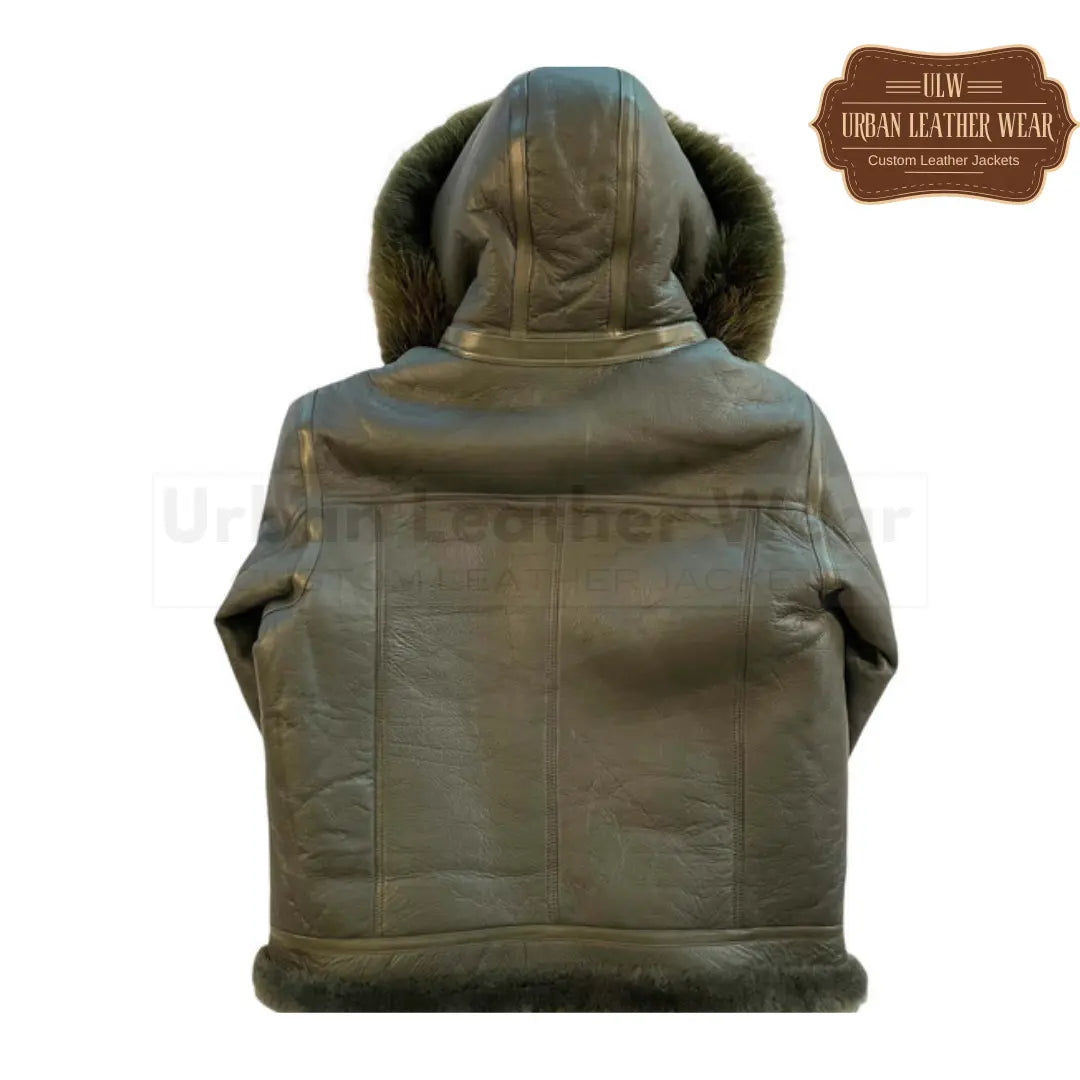 Green B3 Shearling Bomber Leather Jacket Hooded