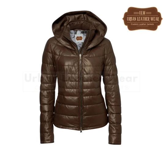 Ladies leather down jacket chocolate brown. Brown leather puffer jacket