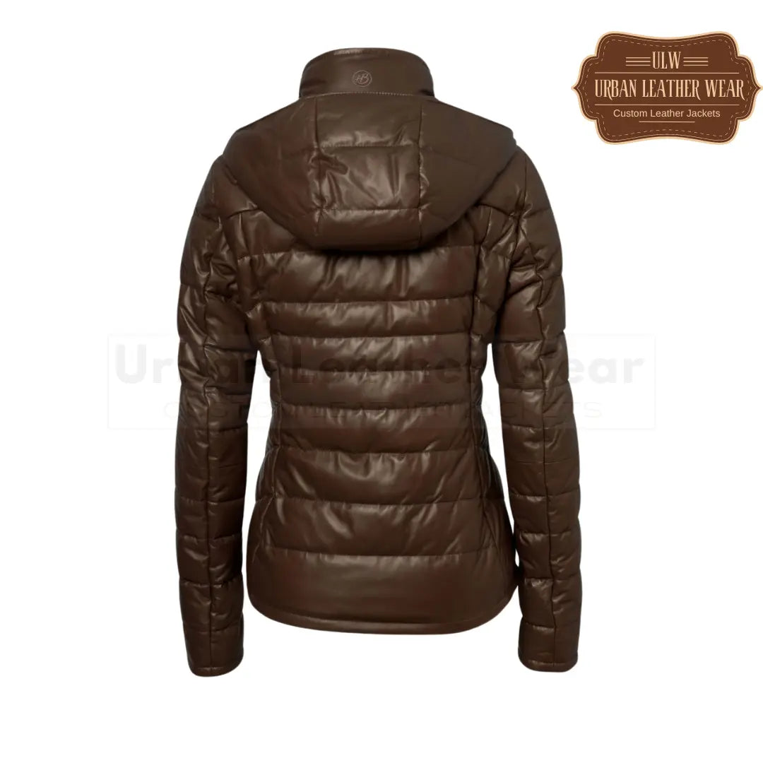 Ladies leather down jacket chocolate brown. Brown leather puffer jacket