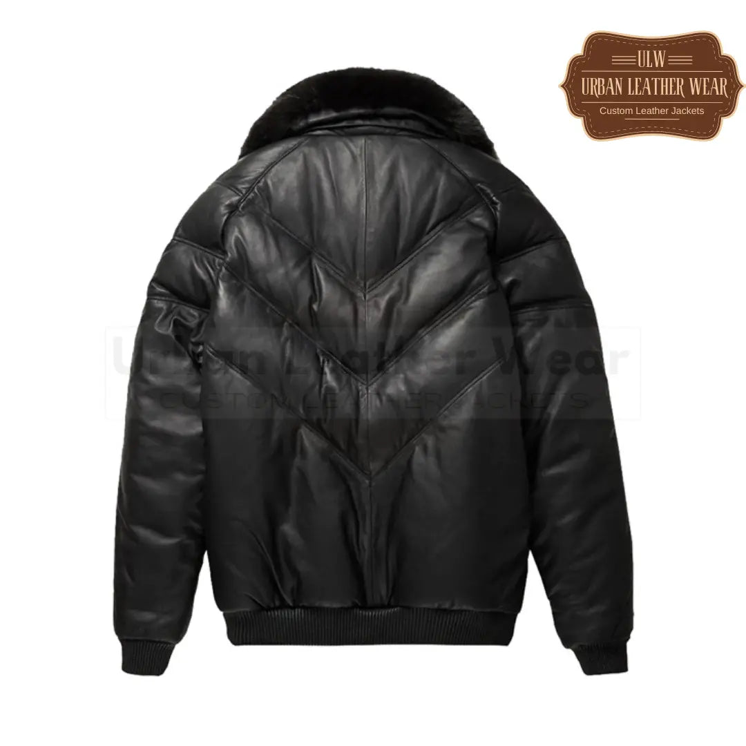 Leather V-Bomber Jacket Black with Black Fox Fur