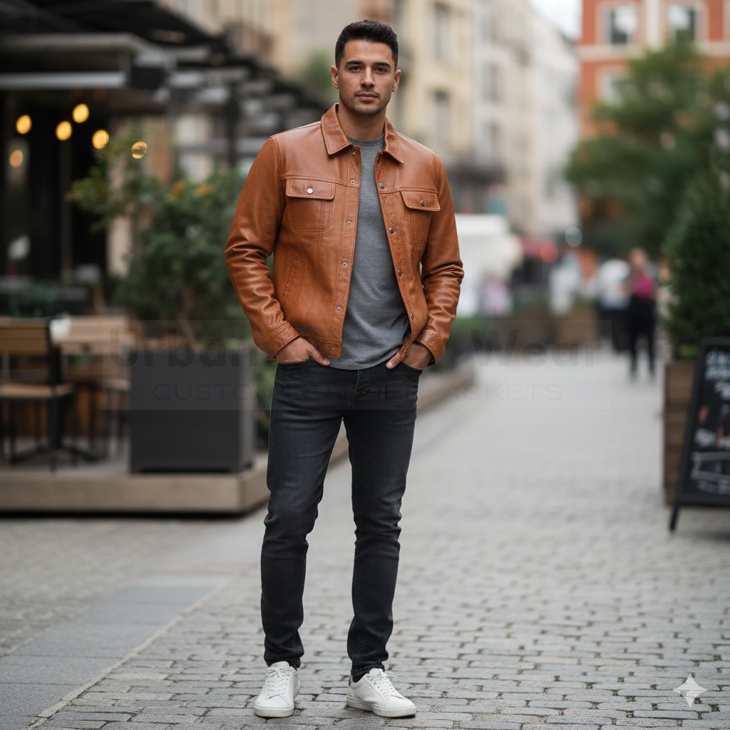Man wearing a denim style leather shirt jacket in a casual setting.