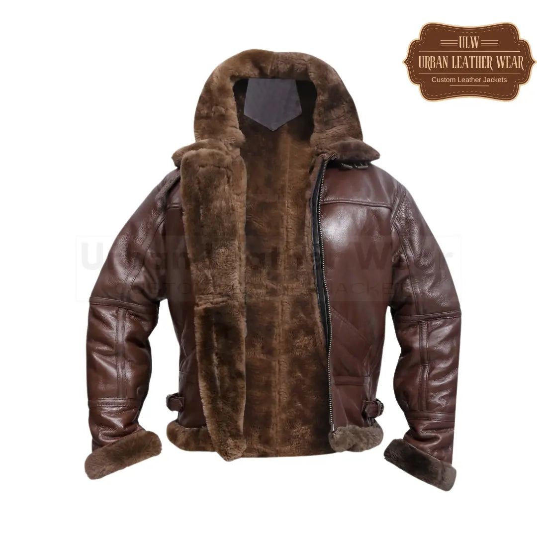 Men B3 Real Shearling Leather Bomber Jacket Brown