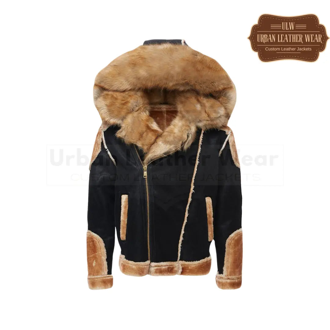 Front View of Men B3 Shearling Leather Bomber Jacket Hooded