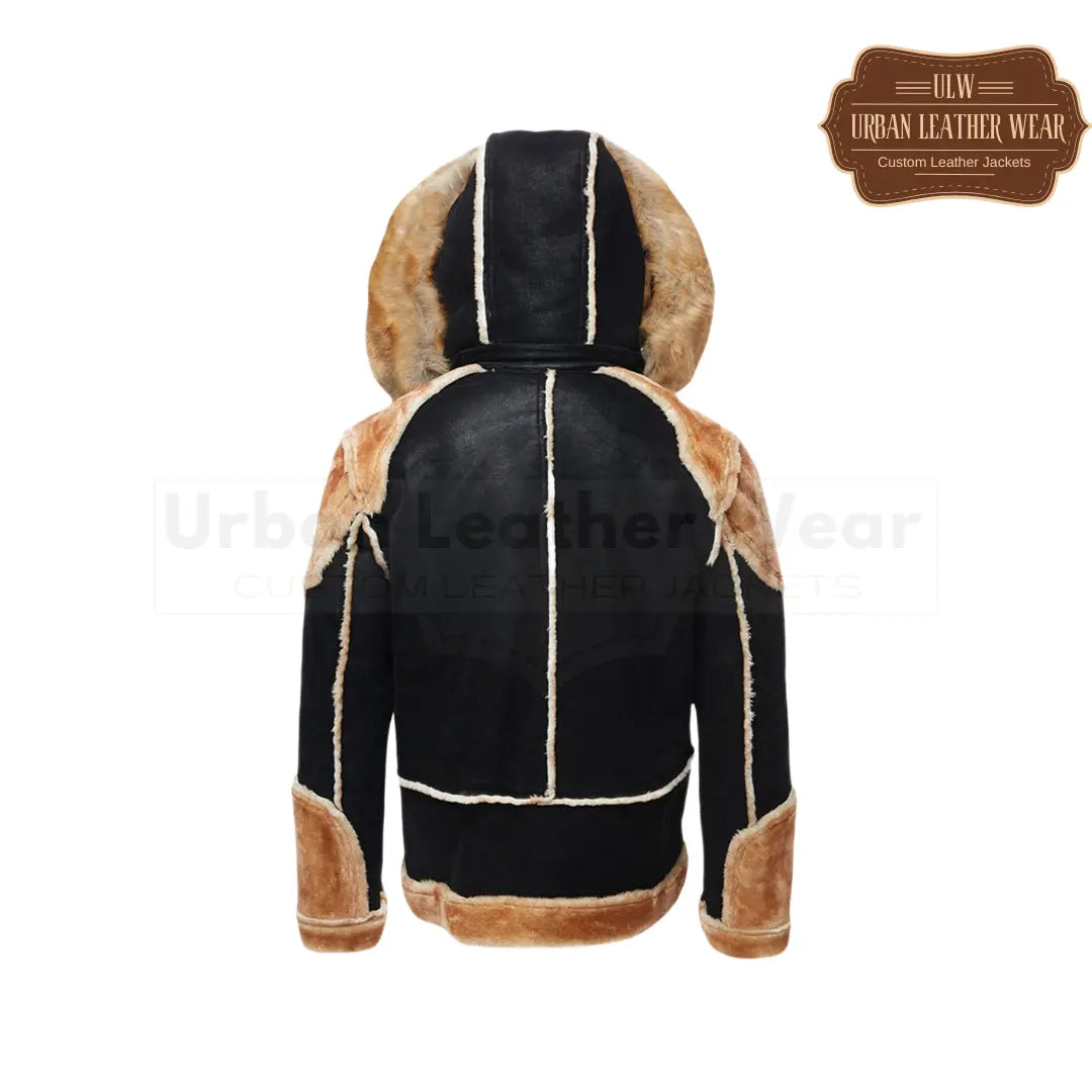 Back View of Men B3 Shearling Leather Bomber Jacket Hooded