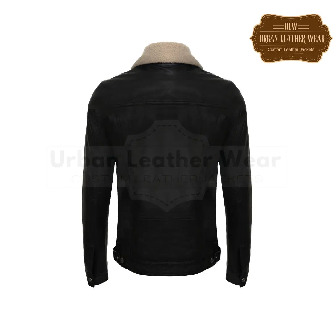 Shop our Men Black Leather Trucker Jacket. The removable shearling collar adds a touch of luxury,