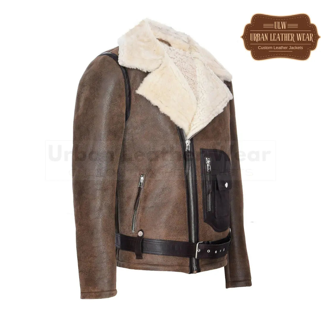 Men Brown Shearling Biker Leather Jacket