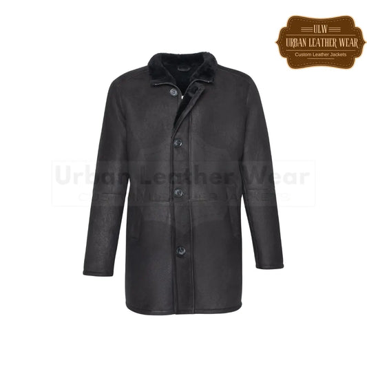 Shop our Men Classic Shearling Car Coat in black. This coat will keep you warm and fashionable with its shearling