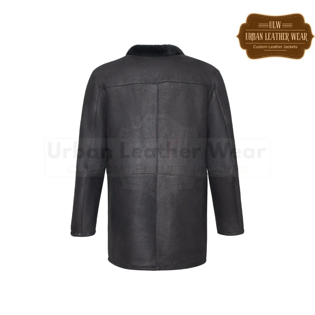 Shop our Men Classic Shearling Car Coat in black. This coat will keep you warm and fashionable with its shearling