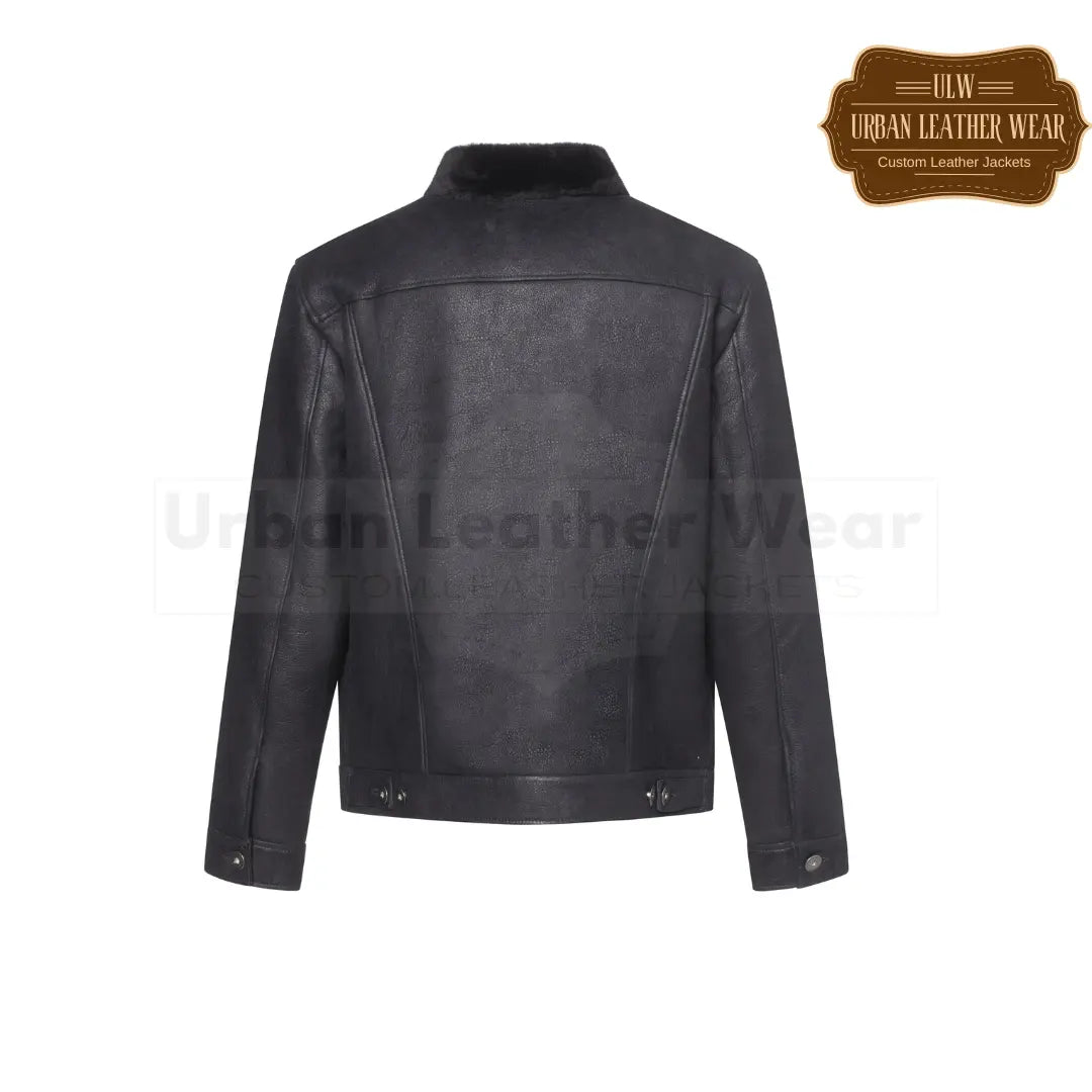 Shop our Men Classic Shearling Leather Trucker Jacket in black.