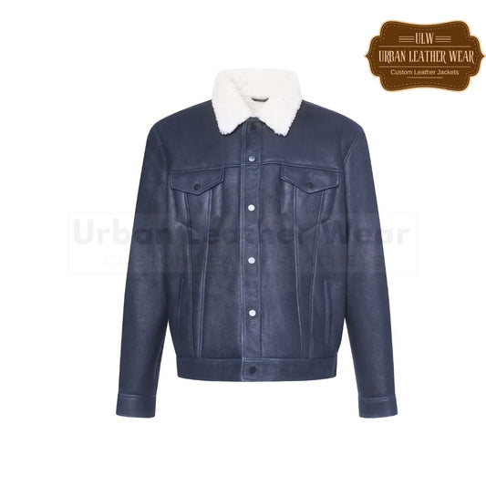 Shop our Men Classic Shearling Leather Trucker Jacket in Blue.