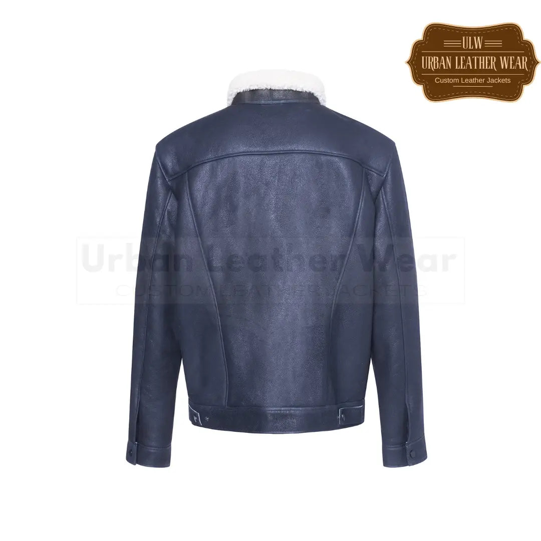 Shop our Men Classic Shearling Leather Trucker Jacket in Blue.