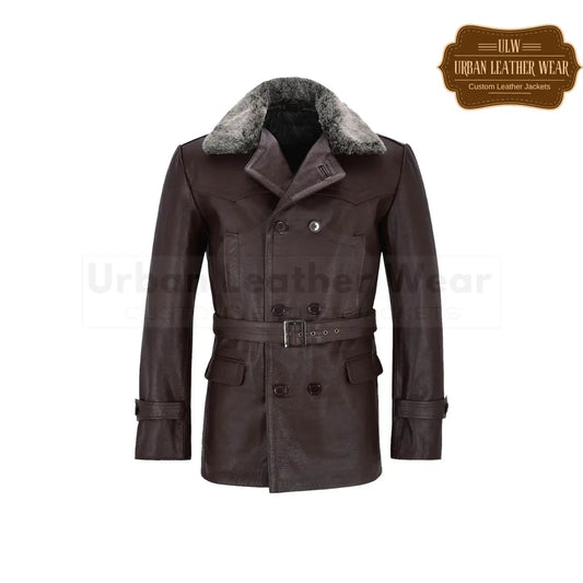 Shop our Men's German Real Leather Brown Peacoat featuring a luxurious Fur Collar.