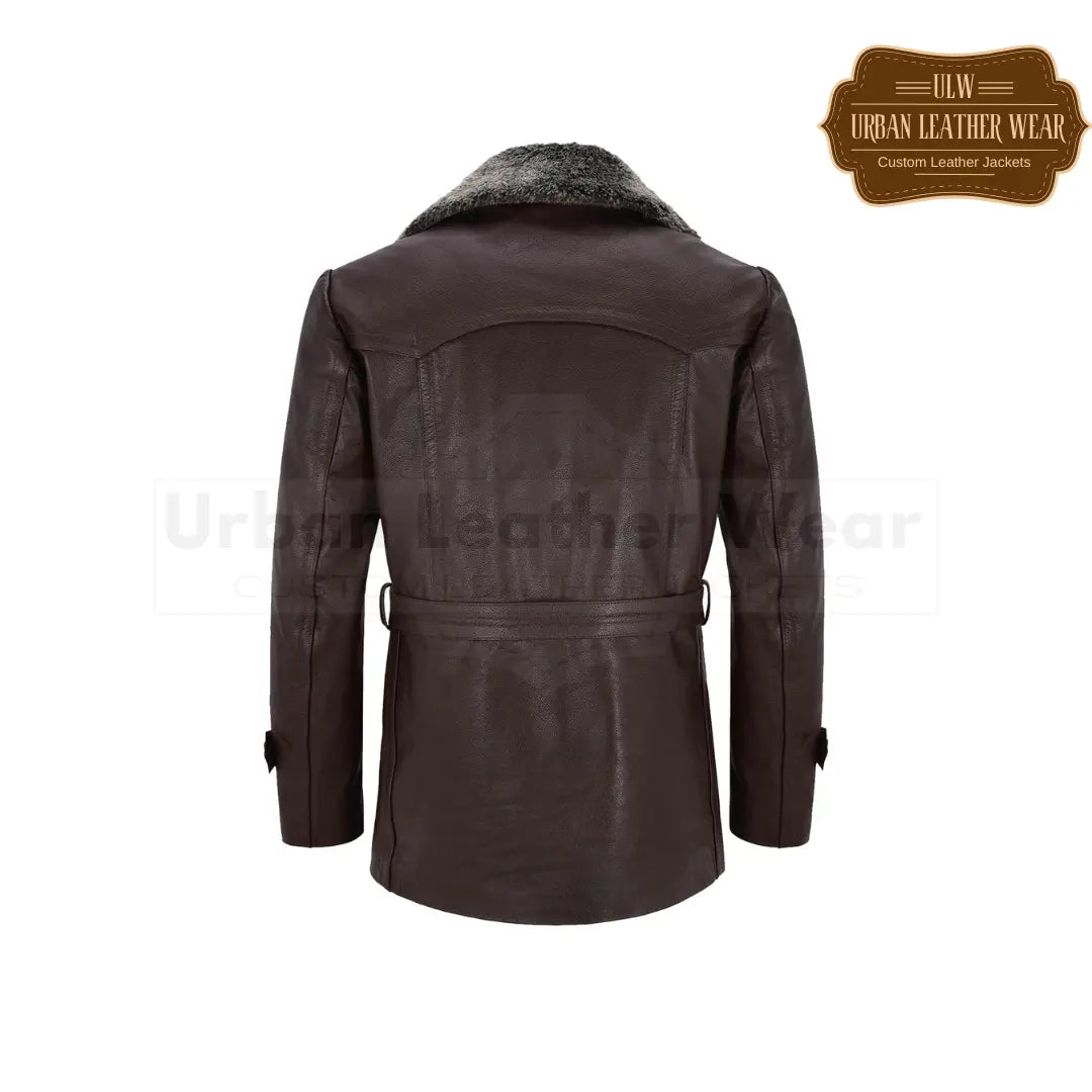 Shop our Men's German Real Leather Brown Peacoat featuring a luxurious Fur Collar.