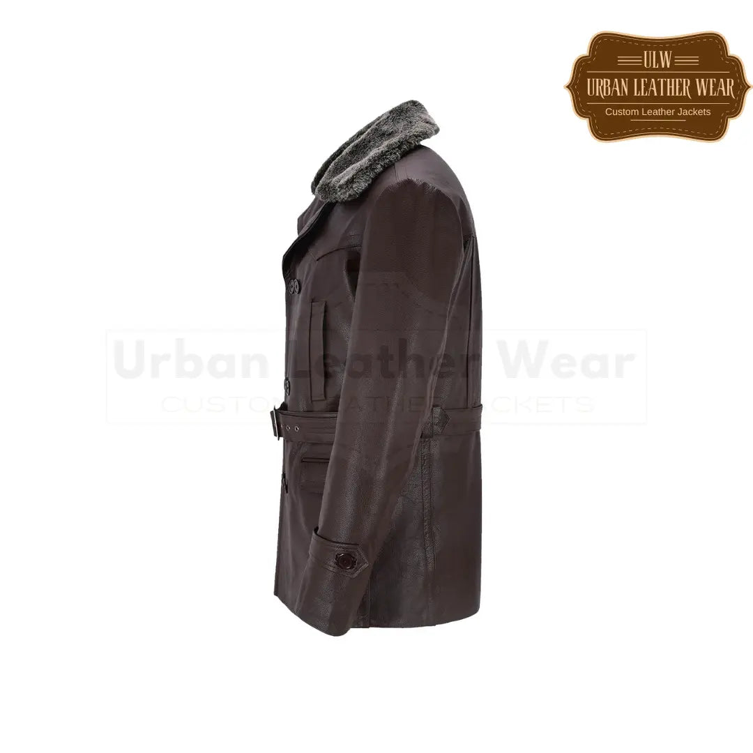 Shop our Men's German Real Leather Brown Peacoat featuring a luxurious Fur Collar.
