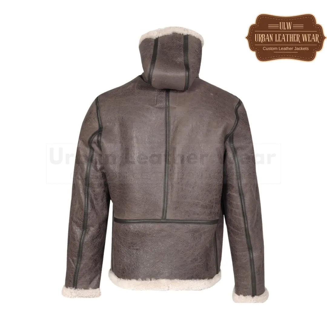 Men Hoodie Shearling Leather Jacket Brown