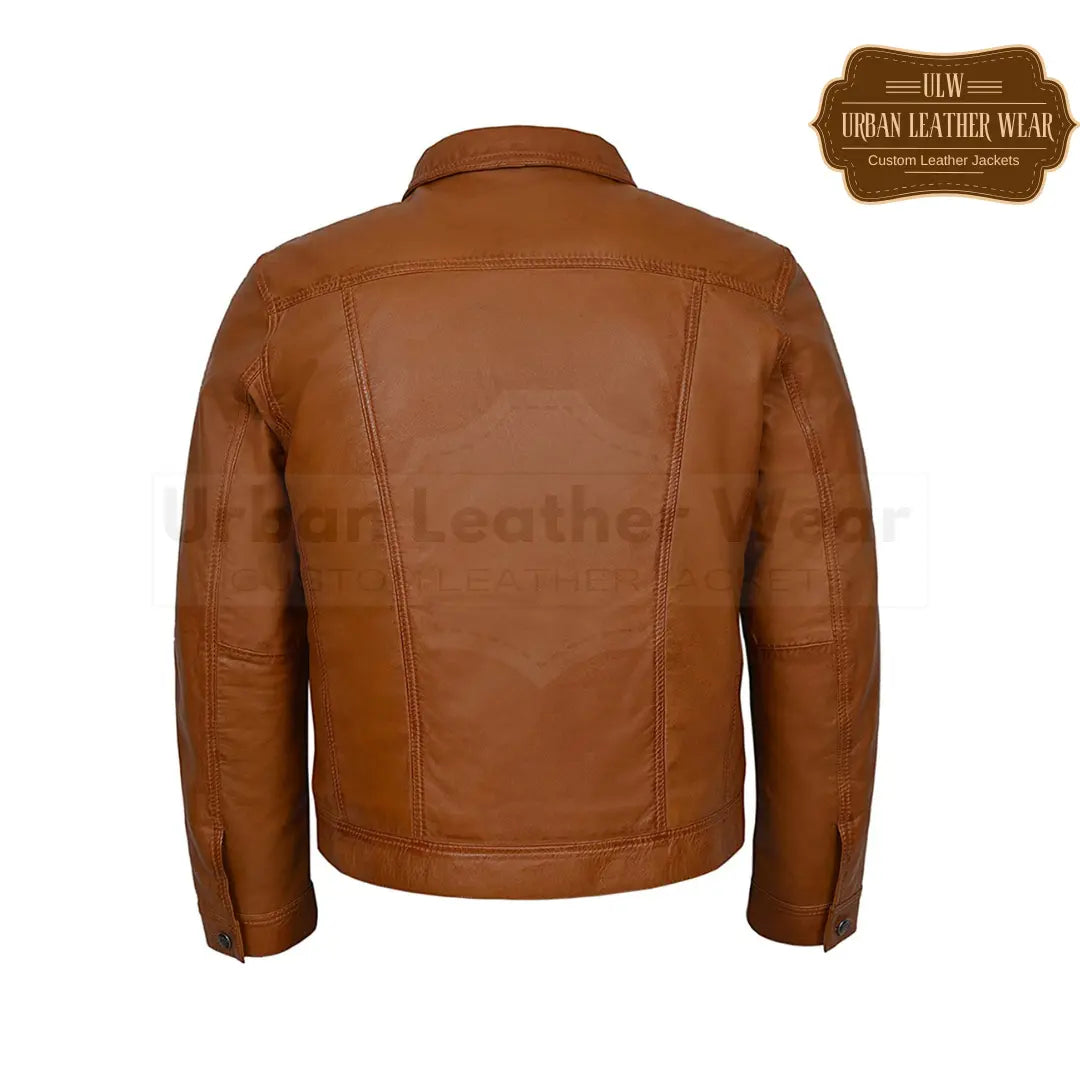 Men Leather Trucker Jacket Denim style Shirt Cognac Tan