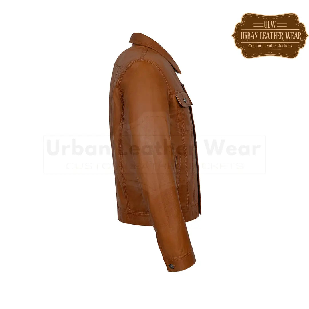 Men Leather Trucker Jacket Denim style Shirt Cognac Tan
