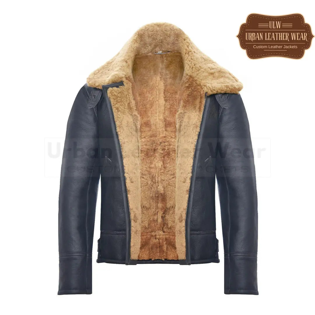 Men Shearling B3 RAF Aviator Dark Blue Leather Jacket