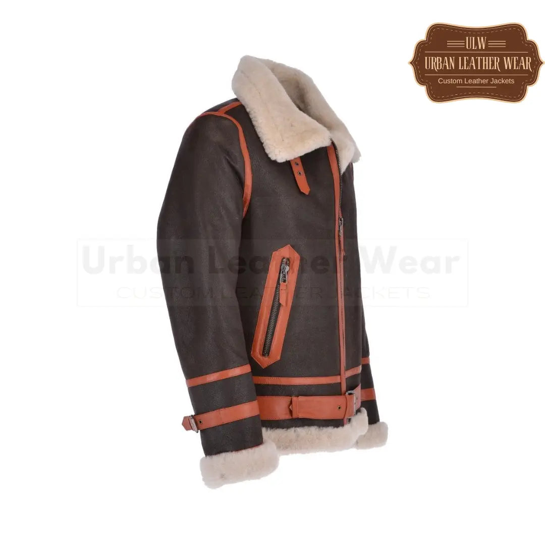 Men Shearling Flying Leather Jacket Brown Orange