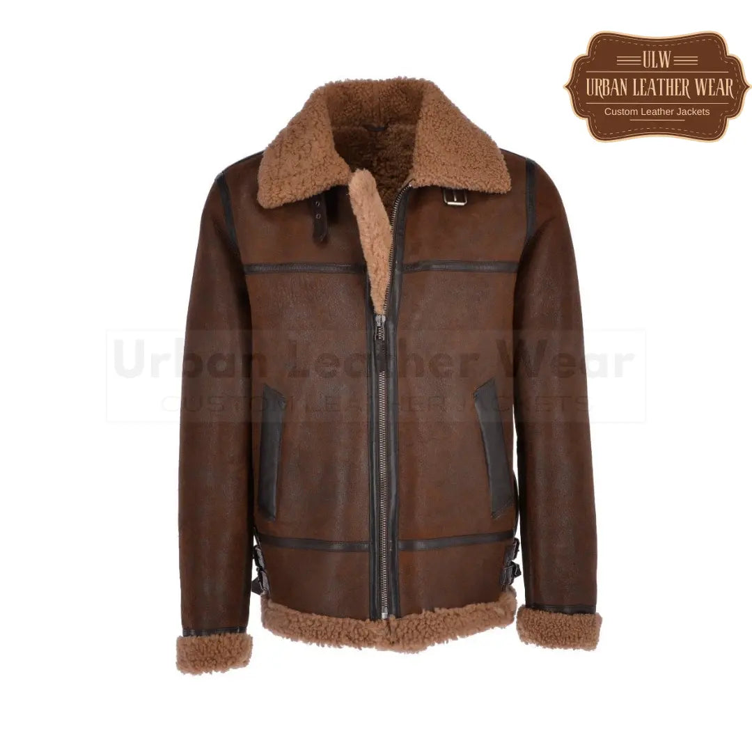 Men Shearling Leather Flying Jacket (Brown)