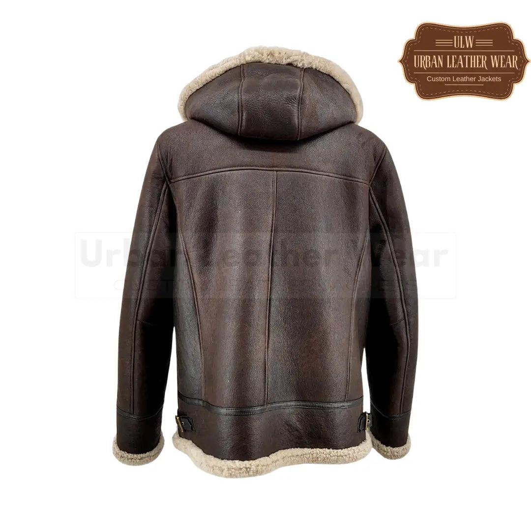 Men Shearling Leather Jacket with Hood Dark Brown
