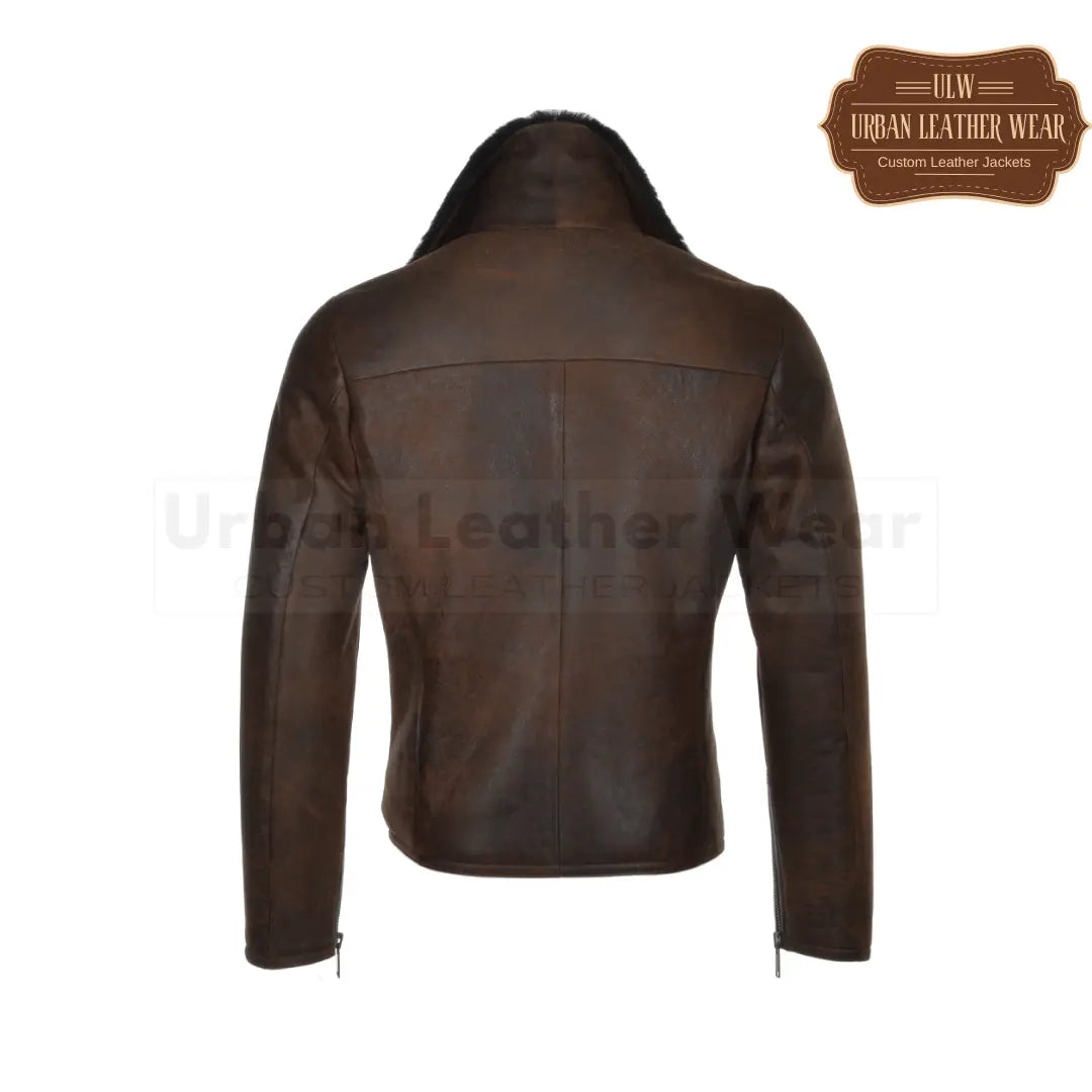 Men Side Zip Biker Pilot Shearling Jacket Brown