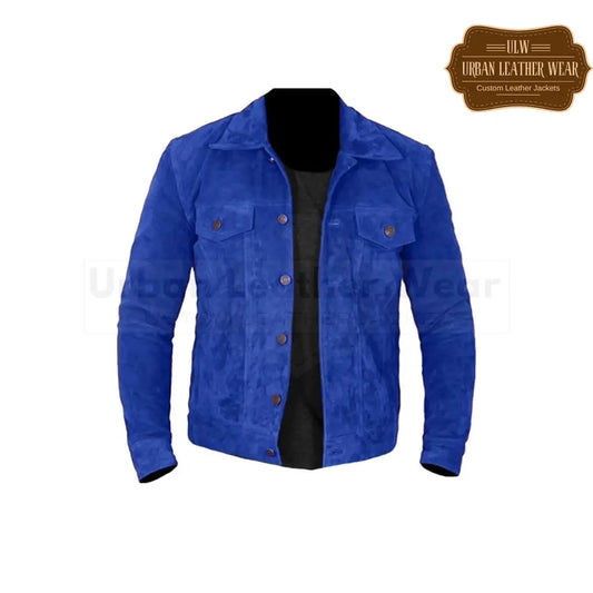 Shop our Men Suede Trucker Leather Jacket in Blue.