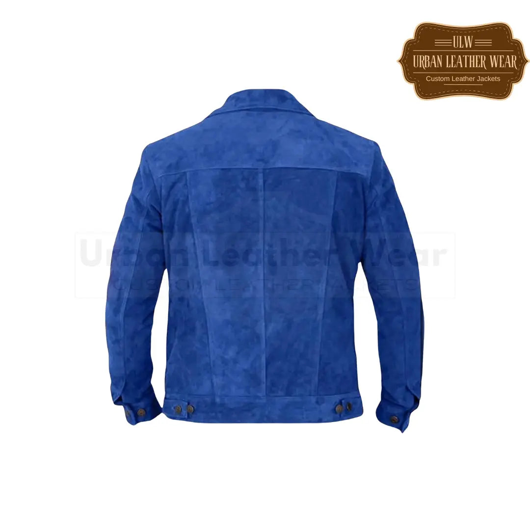 Shop our Men Suede Trucker Leather Jacket in Blue.