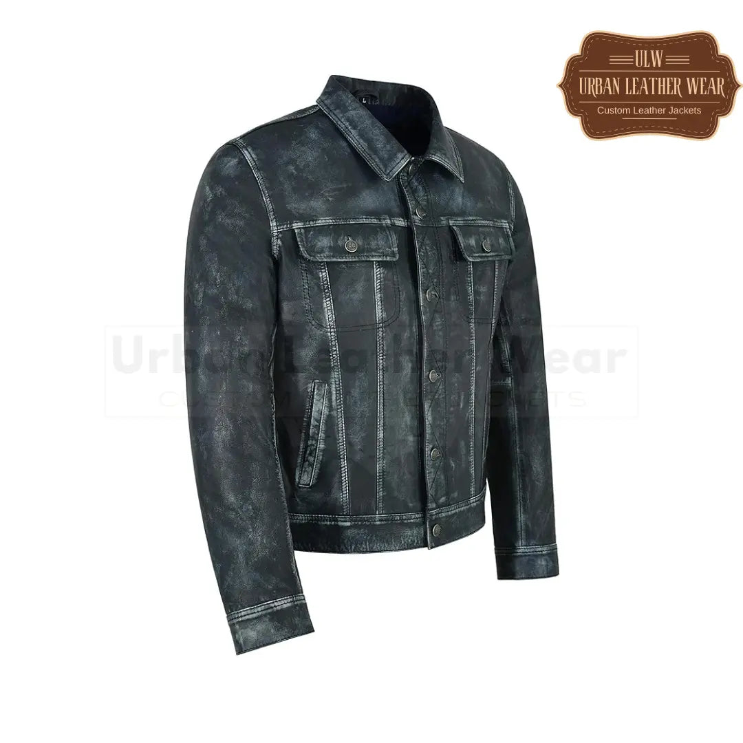 Shop our Men's Truckers Real Leather Jacket in Navy Vintage!