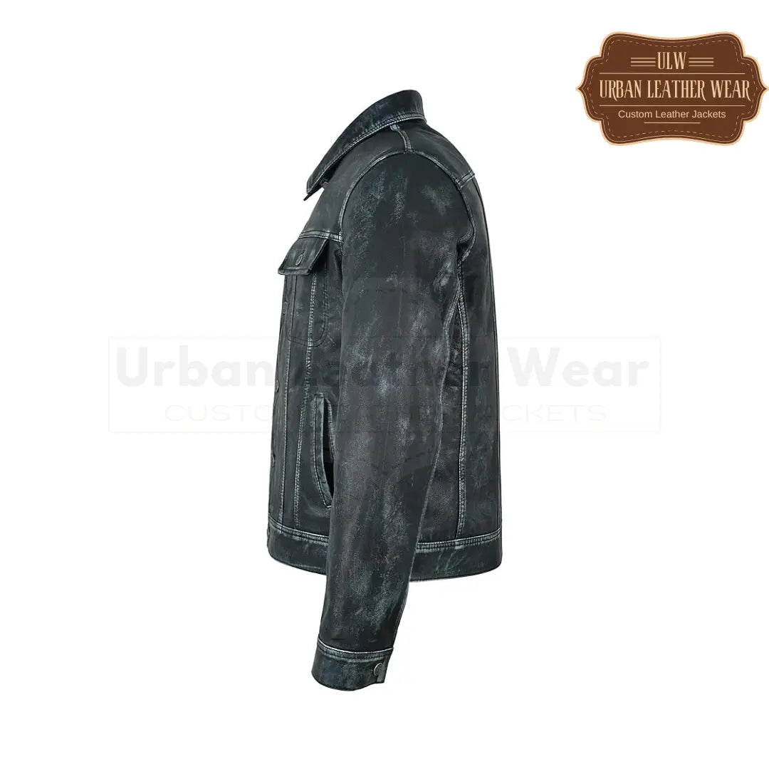 Shop our Men's Truckers Real Leather Jacket in Navy Vintage!