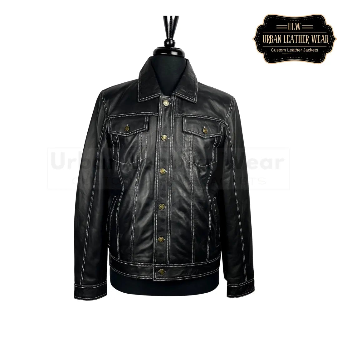 Shop our Men White Contrast Stitch Leather Trucker Jacket.