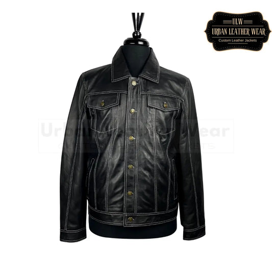 Shop our Men White Contrast Stitch Leather Trucker Jacket.