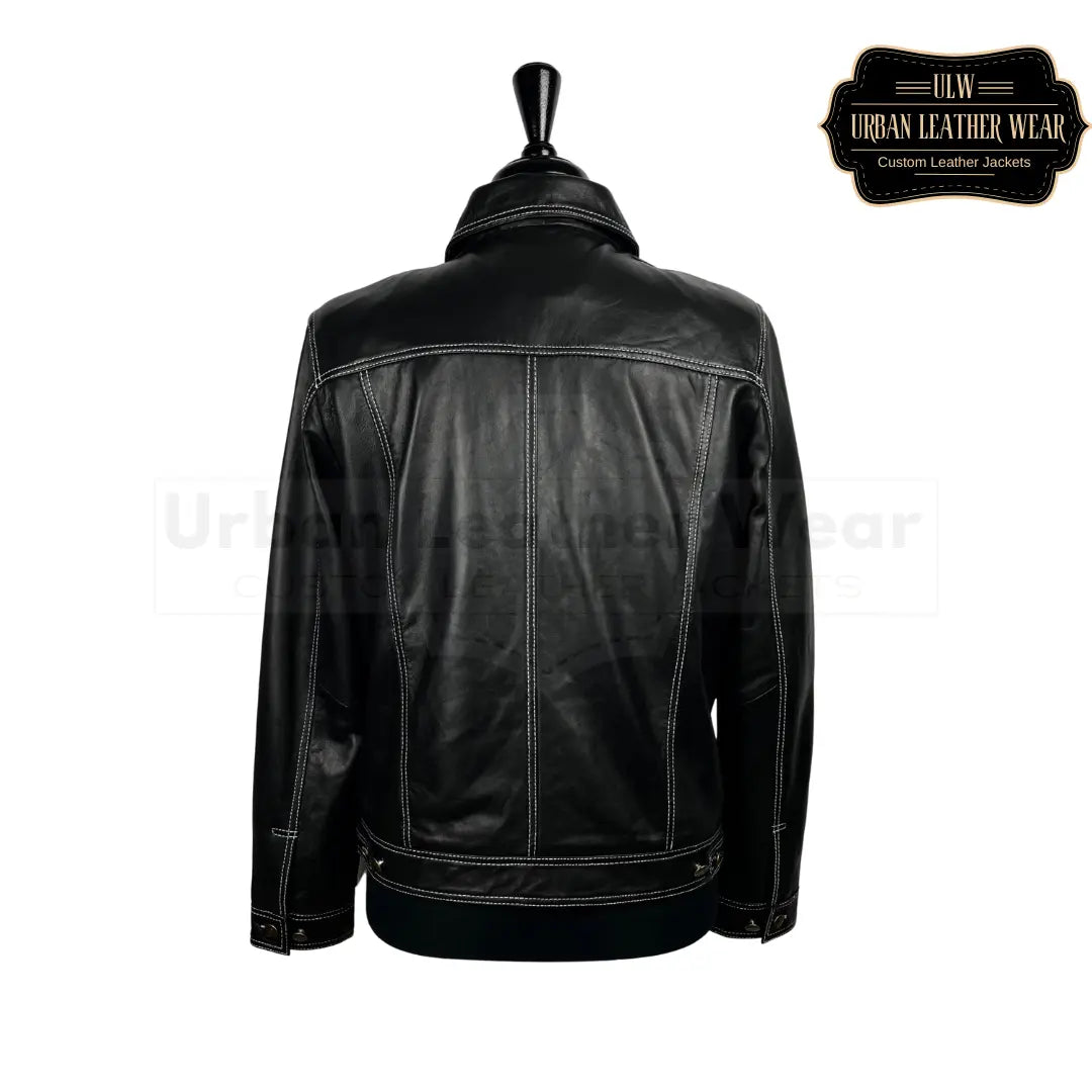 Shop our Men White Contrast Stitch Leather Trucker Jacket.