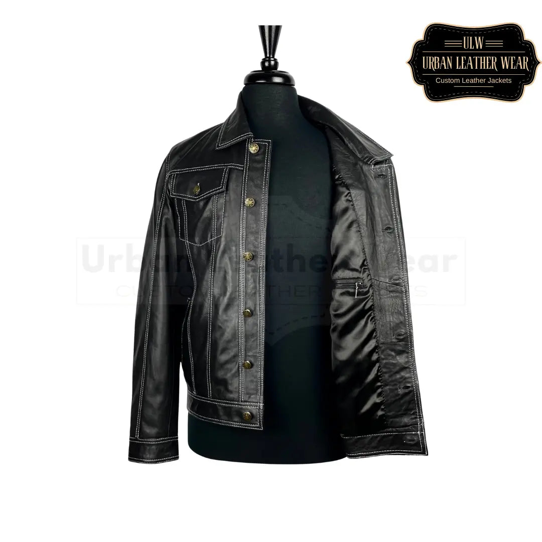Shop our Men White Contrast Stitch Leather Trucker Jacket.