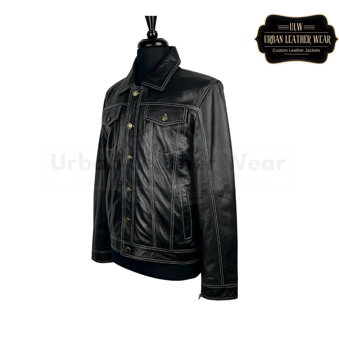 Shop our Men White Contrast Stitch Leather Trucker Jacket.