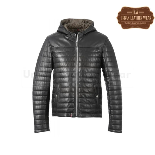 Men genuine leather down jacket (black) with hood