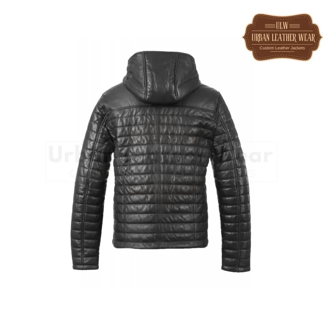 Men genuine leather down jacket (black) with hood
