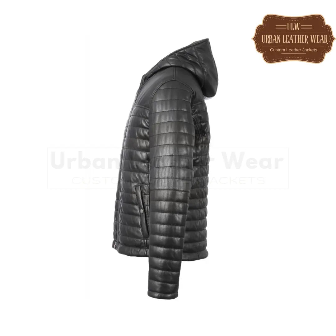 Men genuine leather down jacket (black) with hood