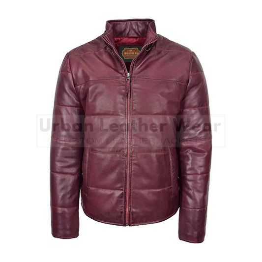Men real leather puffer jacket fully padded with hood (Red)