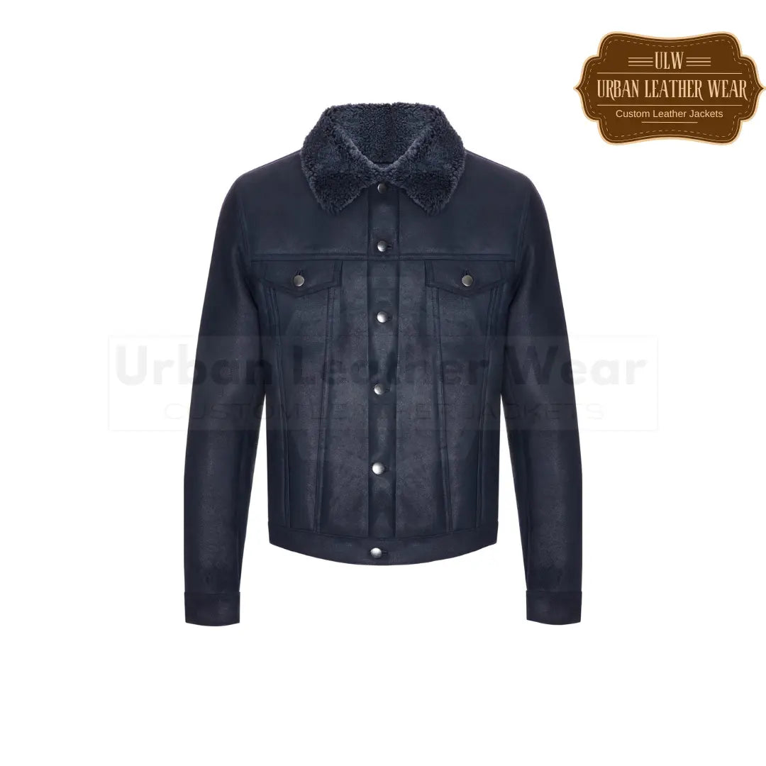 Shop our Men's Western Denim Style Shearling Trucker Jacket in Navy Blue.